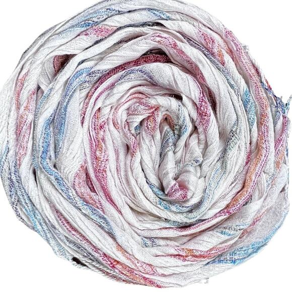 White Striped Fringed Scarf with Shimmery Silver Threads L66" W9" Fringe 3" - Picture 8 of 8